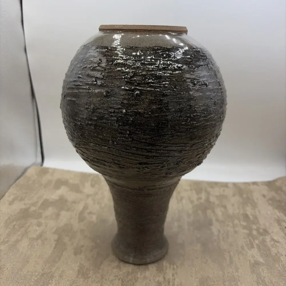 Handcrafted Studio Pottery case W/Metallic Grey Glaze & Textured Ribbed Signed